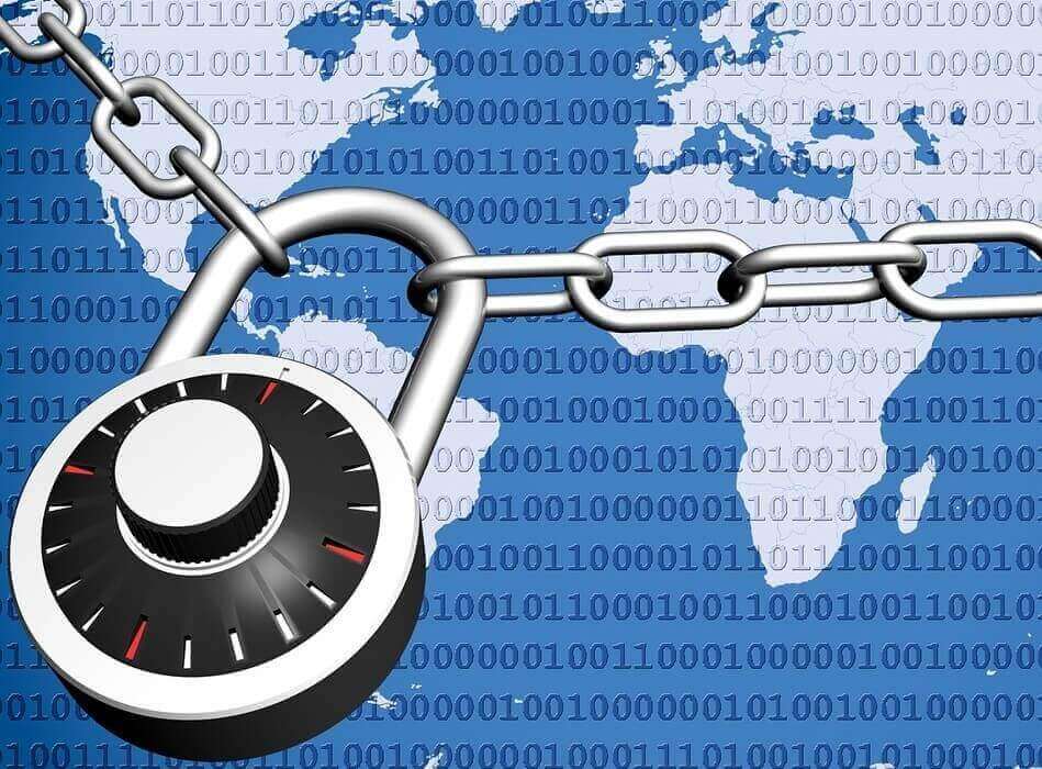 a map of the Earth with 0's and 1's superimposed over the top and a chain with a padlock surrounding it