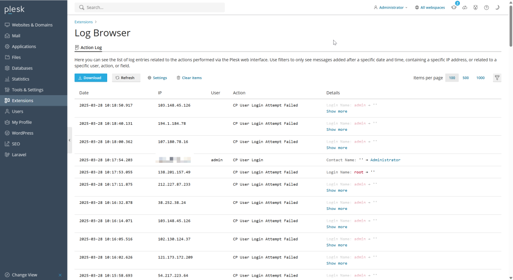 how to protect your plesk login from brute force attacks on windows server 2 screen shot from plesk log browser